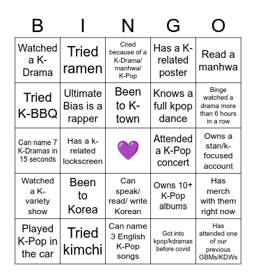 Hallyu Club Bingo Card