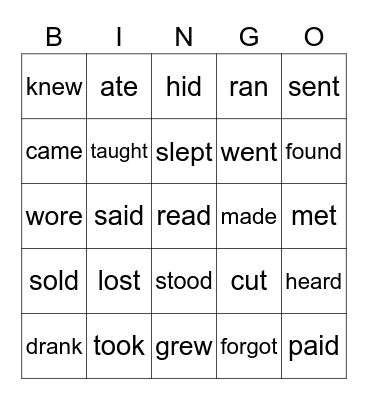 Irregular Verbs Bingo Card