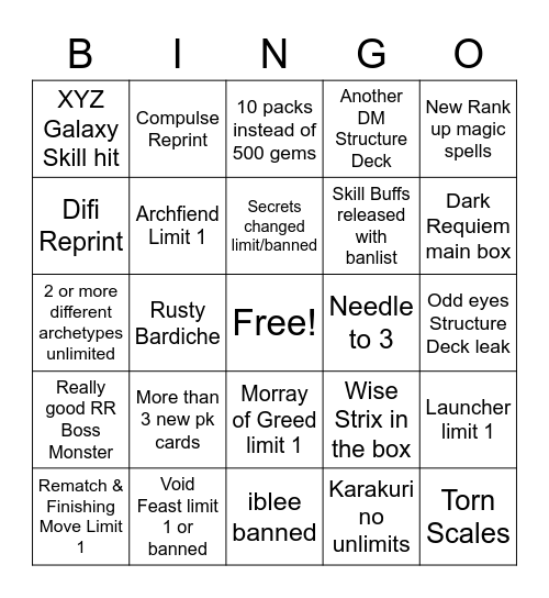 Yugioh Maintence Bingo Card