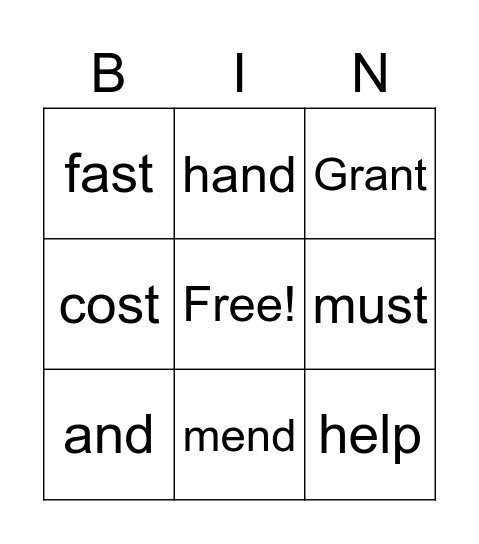 Final Consonant Blends Bingo Card
