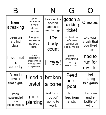 Never Have I Ever Bingo Card