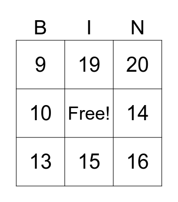 Number Bingo Card