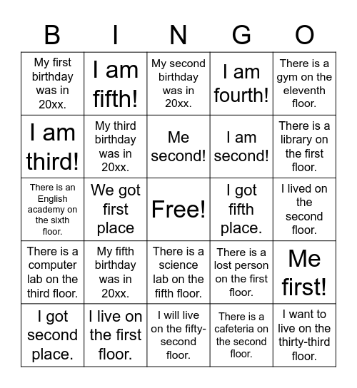 1st 2nd 3rd Bingo Card