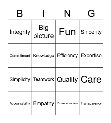 Our Values Bingo Card