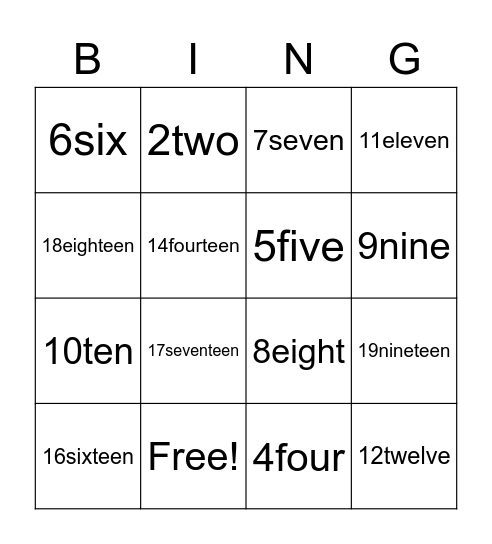 numbers Bingo Card