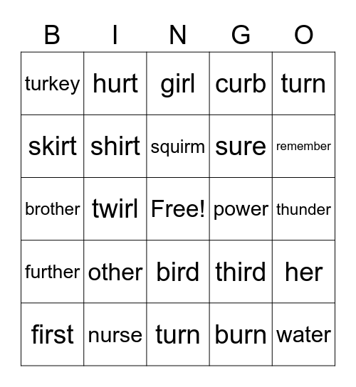 ER, IR, UR WORDS Bingo Card