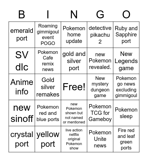 Pokemon Direct Bingo Card