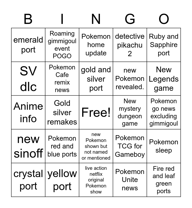 Pokemon Direct Bingo Card