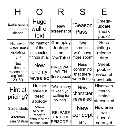 Hiveswap End-of-2015 Update Bingo Card