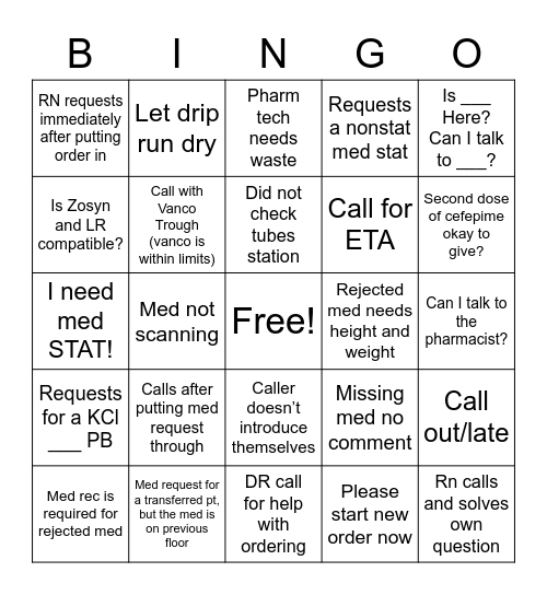 Pharmacy Bingo Card