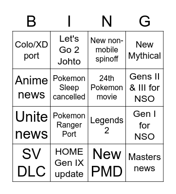 Pokémon Presents Bingo Card