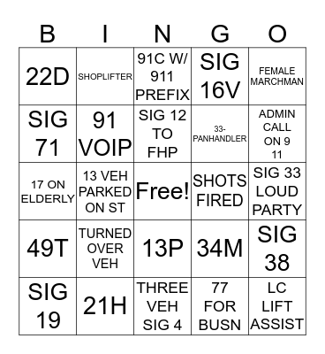 Call Taker Bingo Card