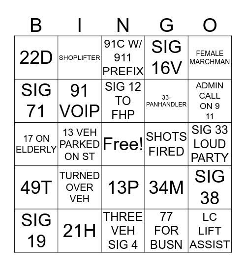 Call Taker Bingo Card