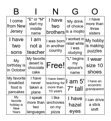 Getting to Know You Bingo Card