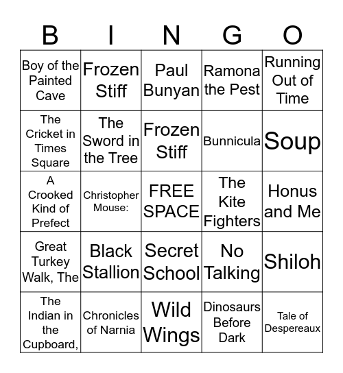 Battle of the Books Grades 4/5 Bingo Card