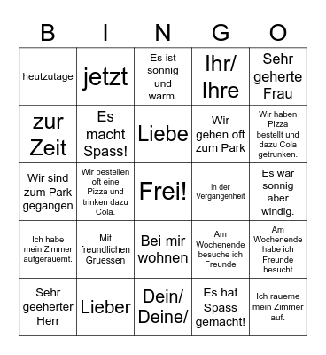 Briefe schreiben Wortschatz Bingo Card
