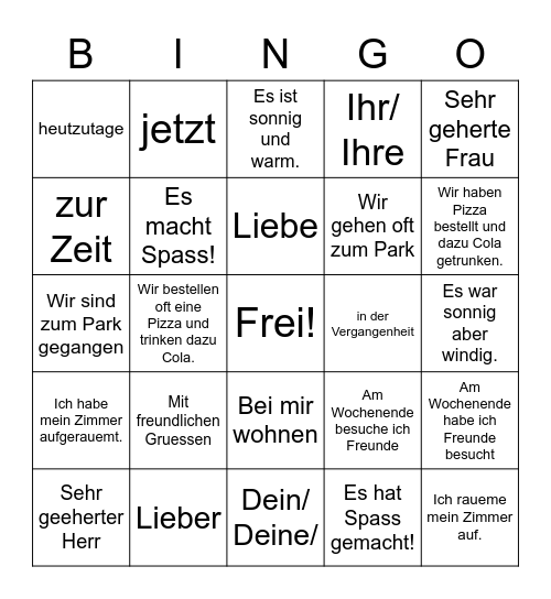 Briefe schreiben Wortschatz Bingo Card