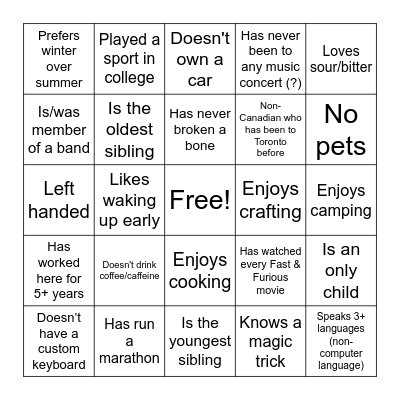 Toronto Work Week Bingo Card