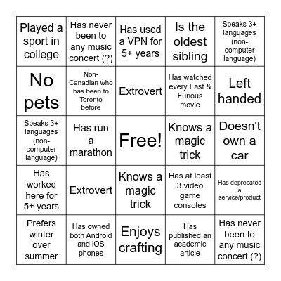 Toronto Work Week Bingo Card