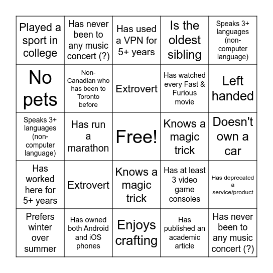 Toronto Work Week Bingo Card
