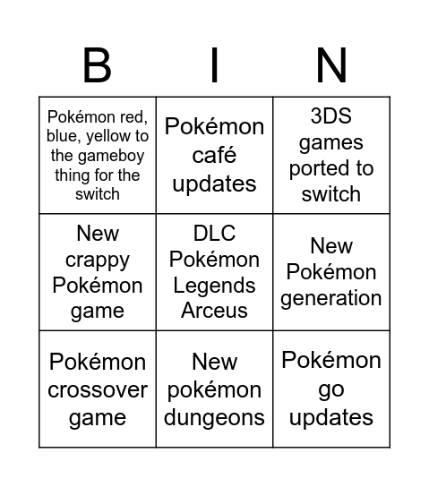 Pokemon bingo Card