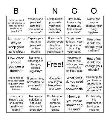 Personal Care Bingo Card