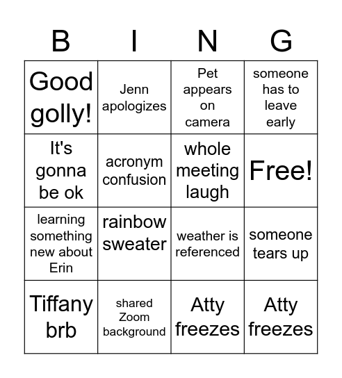 Erin's Send Off Bingo Card Bingo Card