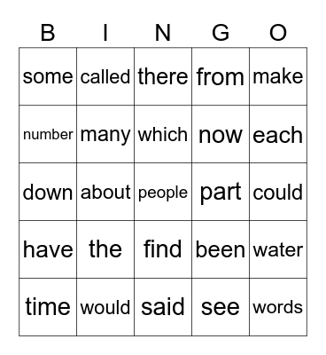 Fry Sight Words Bingo Card
