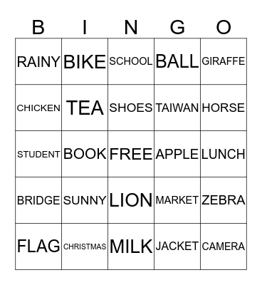 English Bingo Card