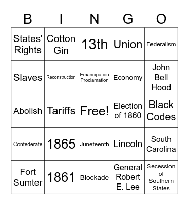 Civil War/Reconstruction Bingo Card