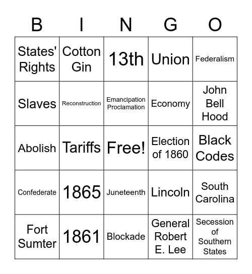 Civil War/Reconstruction Bingo Card