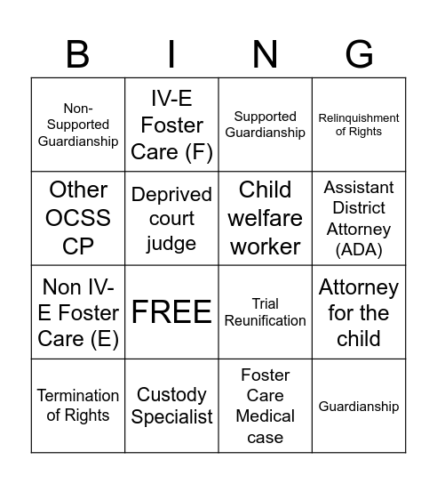 Juvenile Bingo Card