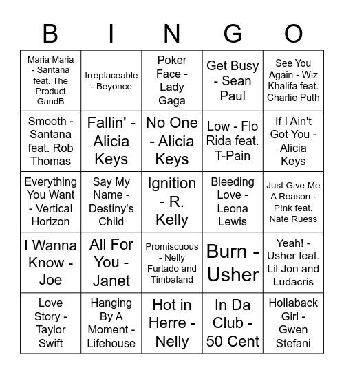 2000'S Music Fun Bingo Card