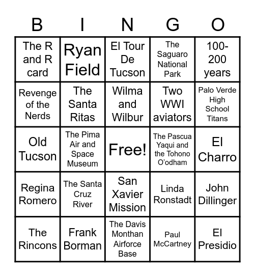 Tucson & Dodge Bingo Card