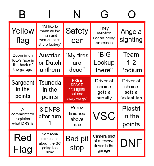 F1 Bingo Card