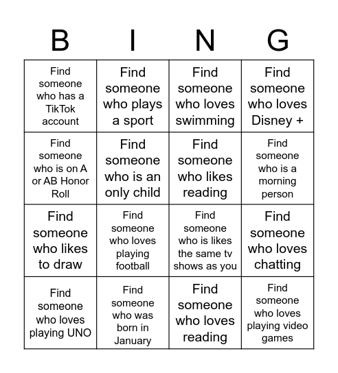 Getting to know you Bingo Card