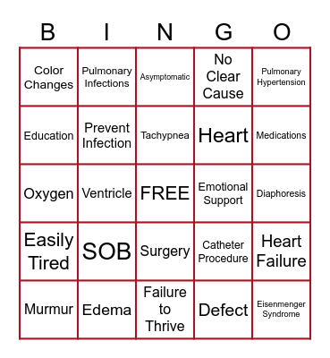 Ventricular Septal Defect Bingo Card
