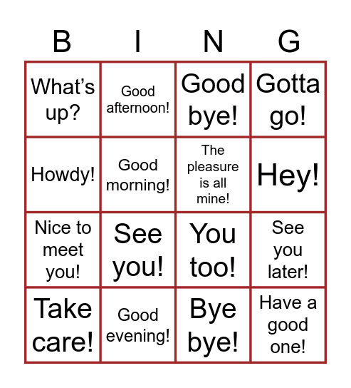 Greetings, Introductions and Farewells Bingo Card