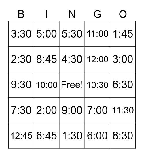 Telling Time Bingo Card