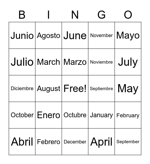 Spanish Days and Months Bingo Card