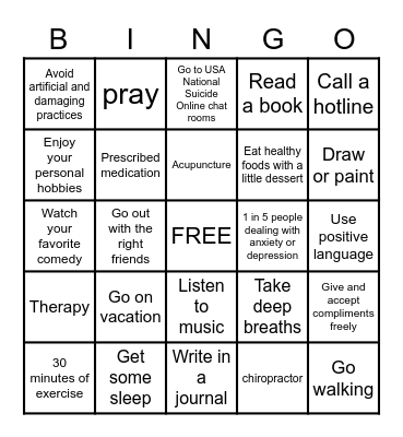 Anxiety and Depression Coping Skills Bingo Card