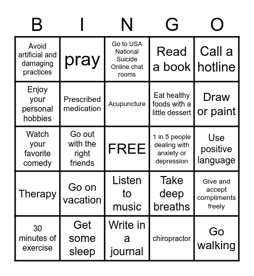 Anxiety and Depression Coping Skills Bingo Card