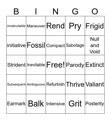 Vocabulary  Bingo Card