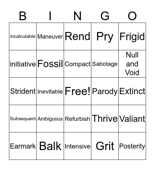 Vocabulary  Bingo Card