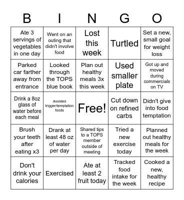 Jump Start Weight Loss Bingo Card