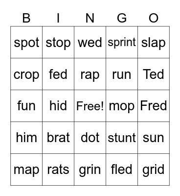 CVC and Blends Bingo Card
