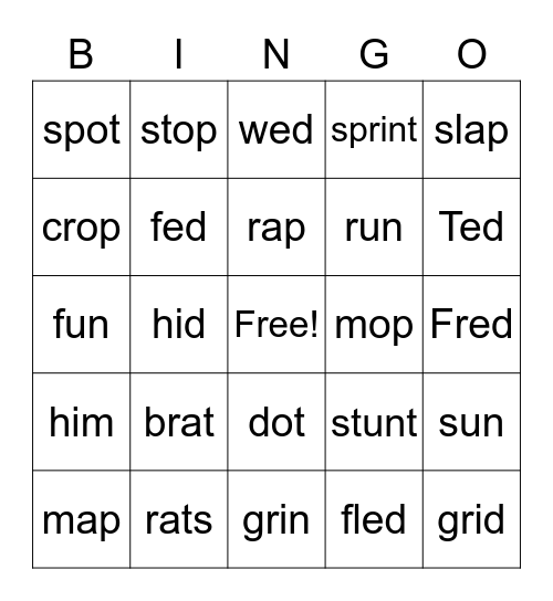 CVC and Blends Bingo Card