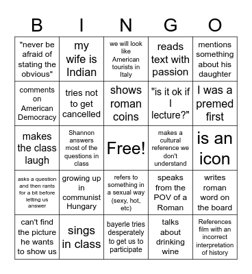 Bayerle Romans Bingo Card