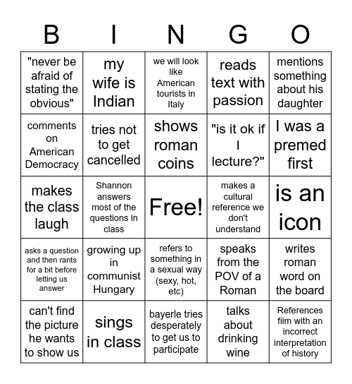 Bayerle Romans Bingo Card