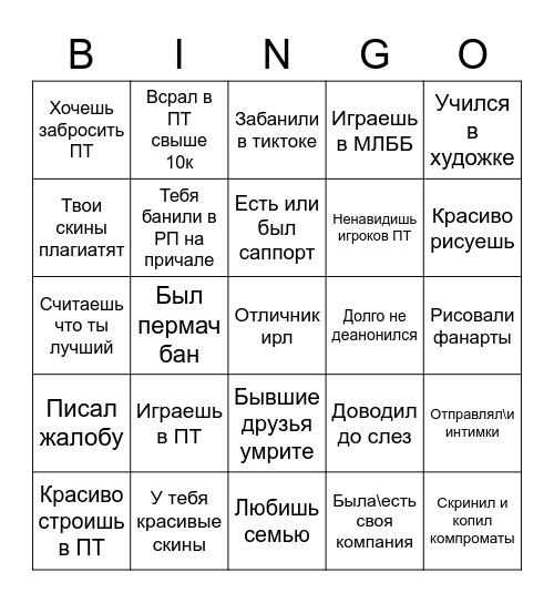 Настенька бинго Bingo Card